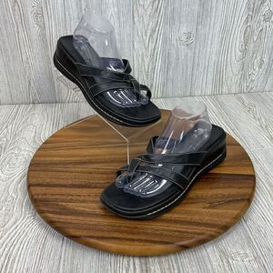 Unlisted Women's Size 11 Crosswinds Black Leather Wedge Slip on Sandals